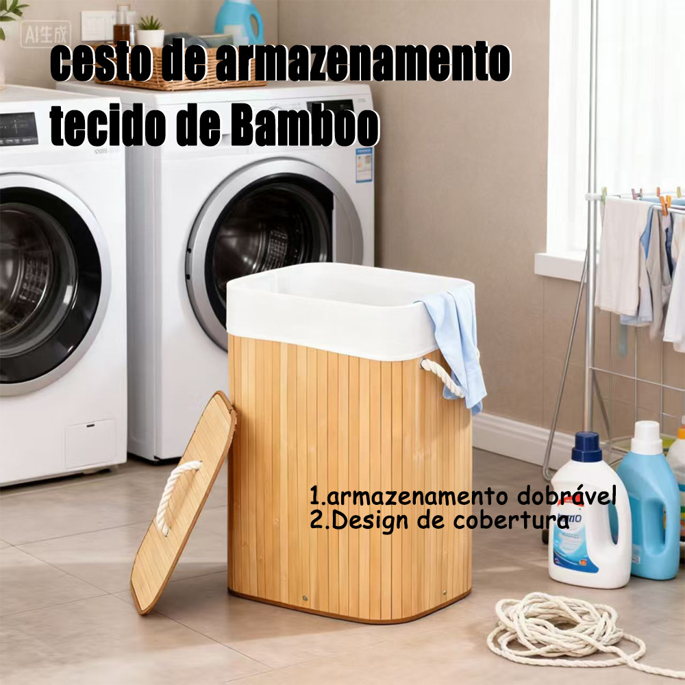Cesto de Roupa Suja Cesto Dobrável Bambu tecido sujo cesto Cesta de armazenamento com Tamp...
