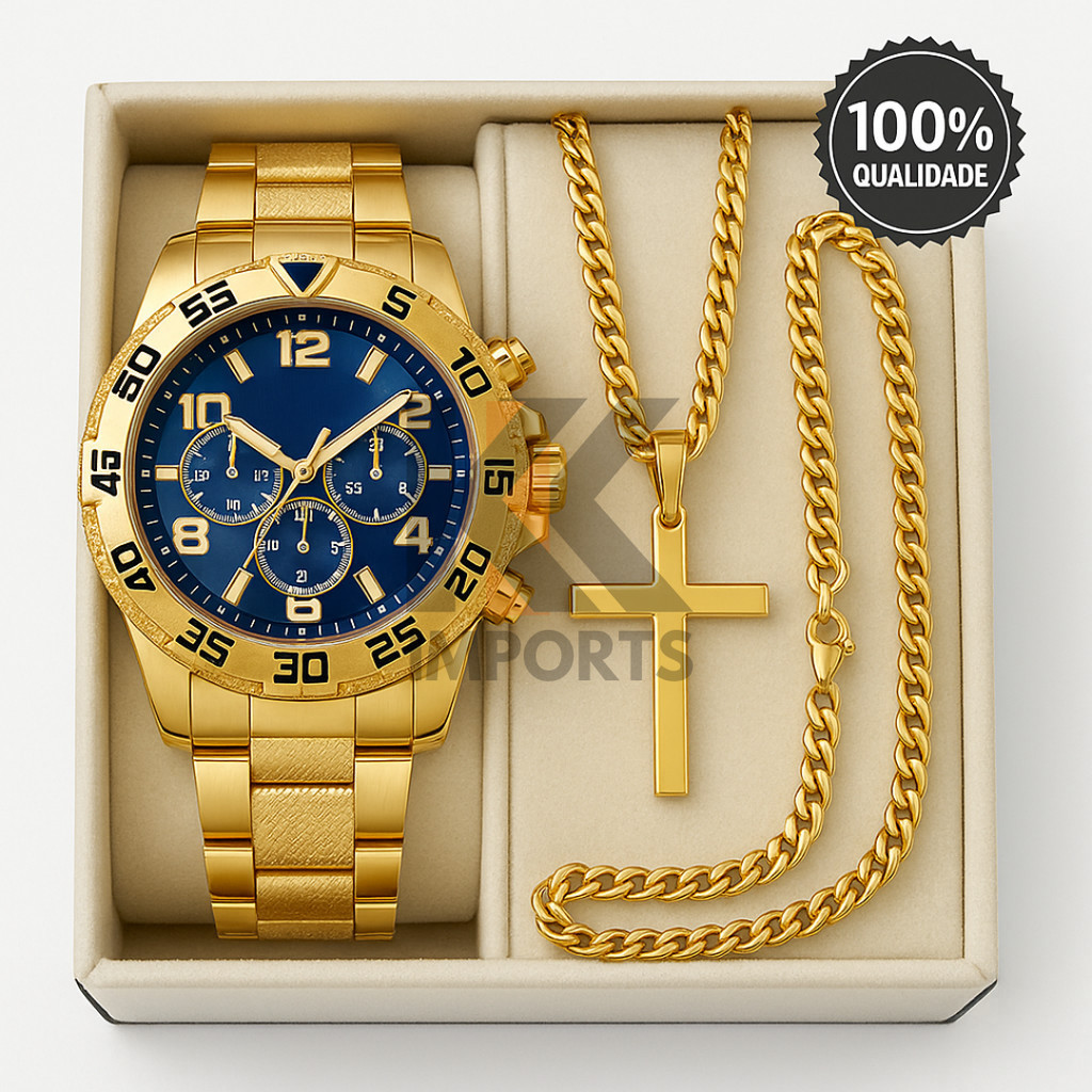 Relógio Masculino Aço inox A PROVA D’ÁGUA Conjunto c/ Corrente + Pulseira e Pingente Presente Pais Namorado