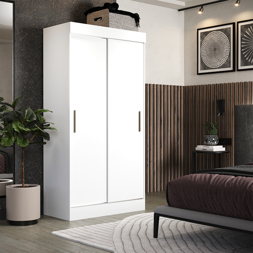 Guarda-Roupa Solteiro Compacto 2 Portas de Correr Branco Brilho Ideal para Quarto Pequeno e Otimizar Espaço