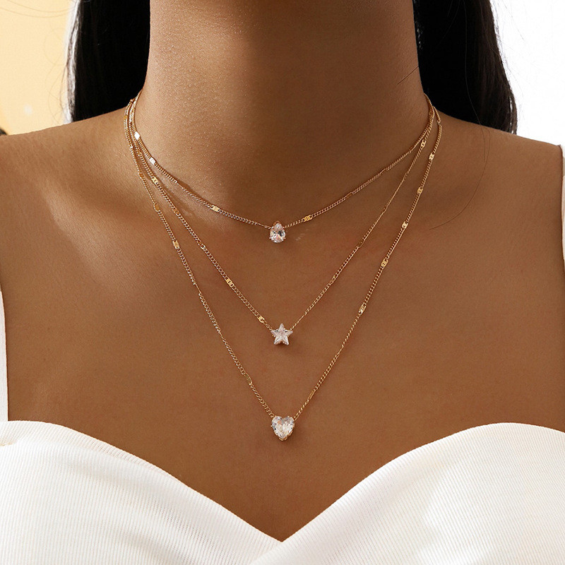BLOSSOM Conjunto de colar multicamadas com pendente de estrela em forma de coração e cristal de zircónia em Oferta na Shopee