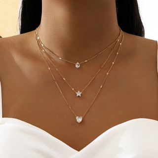 BLOSSOM Conjunto de colar multicamadas com pendente de estrela em forma de coração e cristal de zircónia em Oferta na Shopee