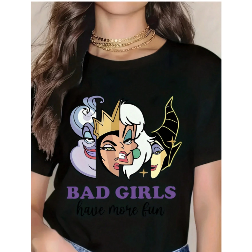 Camiseta Feminina Folgada Em Algodão Puro Com Estampas De Personagens Vilões Da Disney E Slogans Divertidos