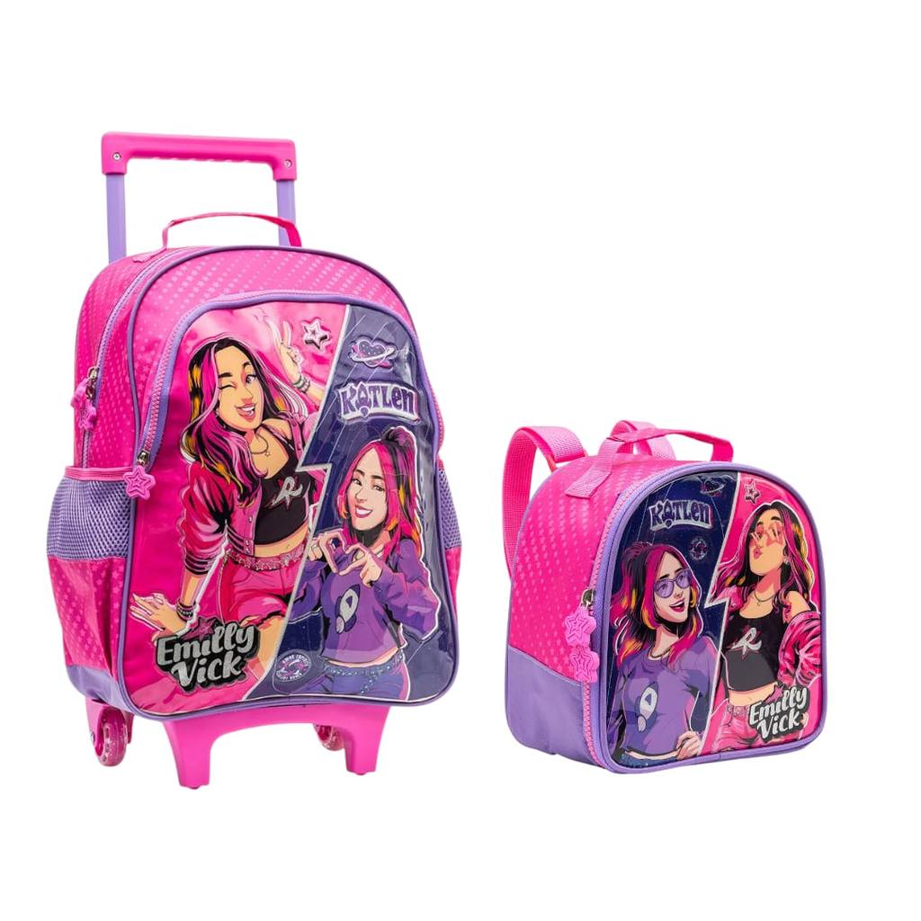 Mochila Emilly Vick com Rodinhas + Lancheira – Kit Escolar Feminino Rosa Xeryus em Oferta na Shopee