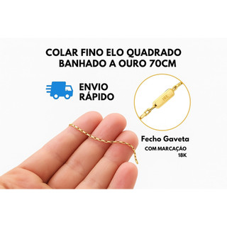 Colar joia  Tijolinho elo quadrado Dourada 70cm Aço Inox 316L banhada a ouro fecho gaveta 18k