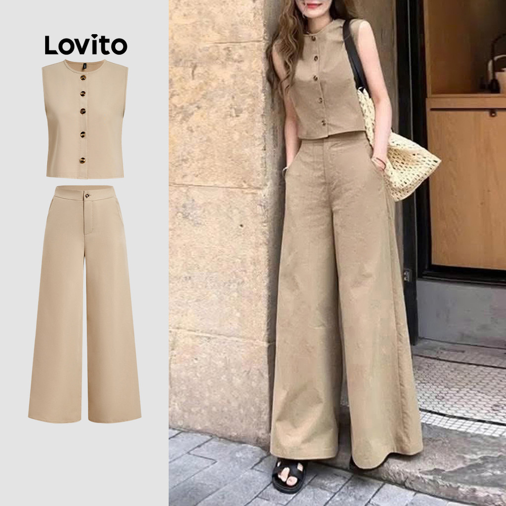 Lovito Conjunto Casual Elegante De Blusa E Calça Cáqui Para Mulheres Ideal Para a Primavera/verão LBL29191 em Oferta na Shopee