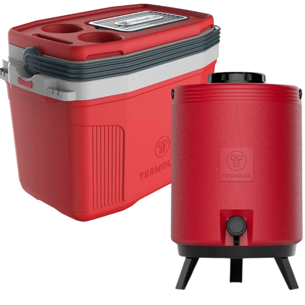 Kit Praia com Caixa Cooler Térmica 20 L Vermelho Termolar e Garrafa Botijão 12 L Vermelho Torneira