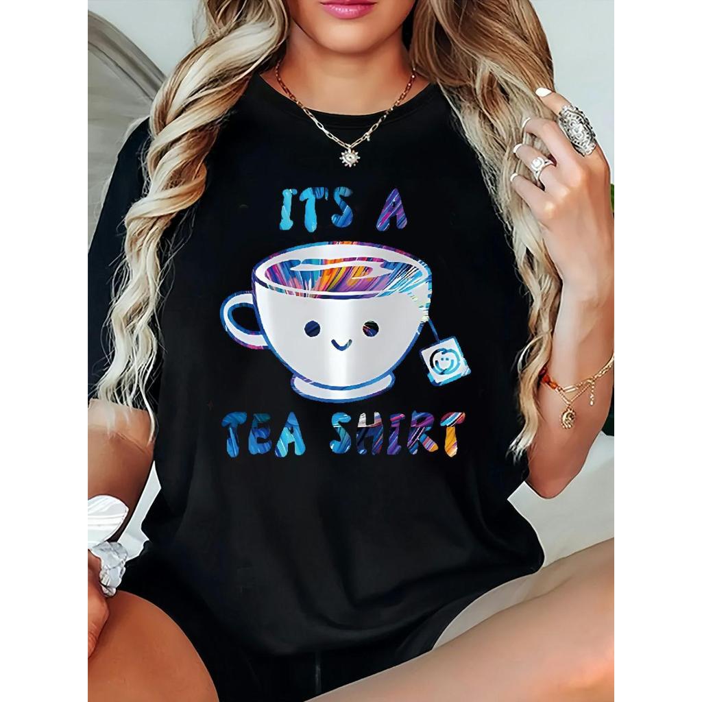 Camiseta Feminina Oversized Xícara Chá Cartoon Personagem Estampada Confortavel Divertida Fofa Casual