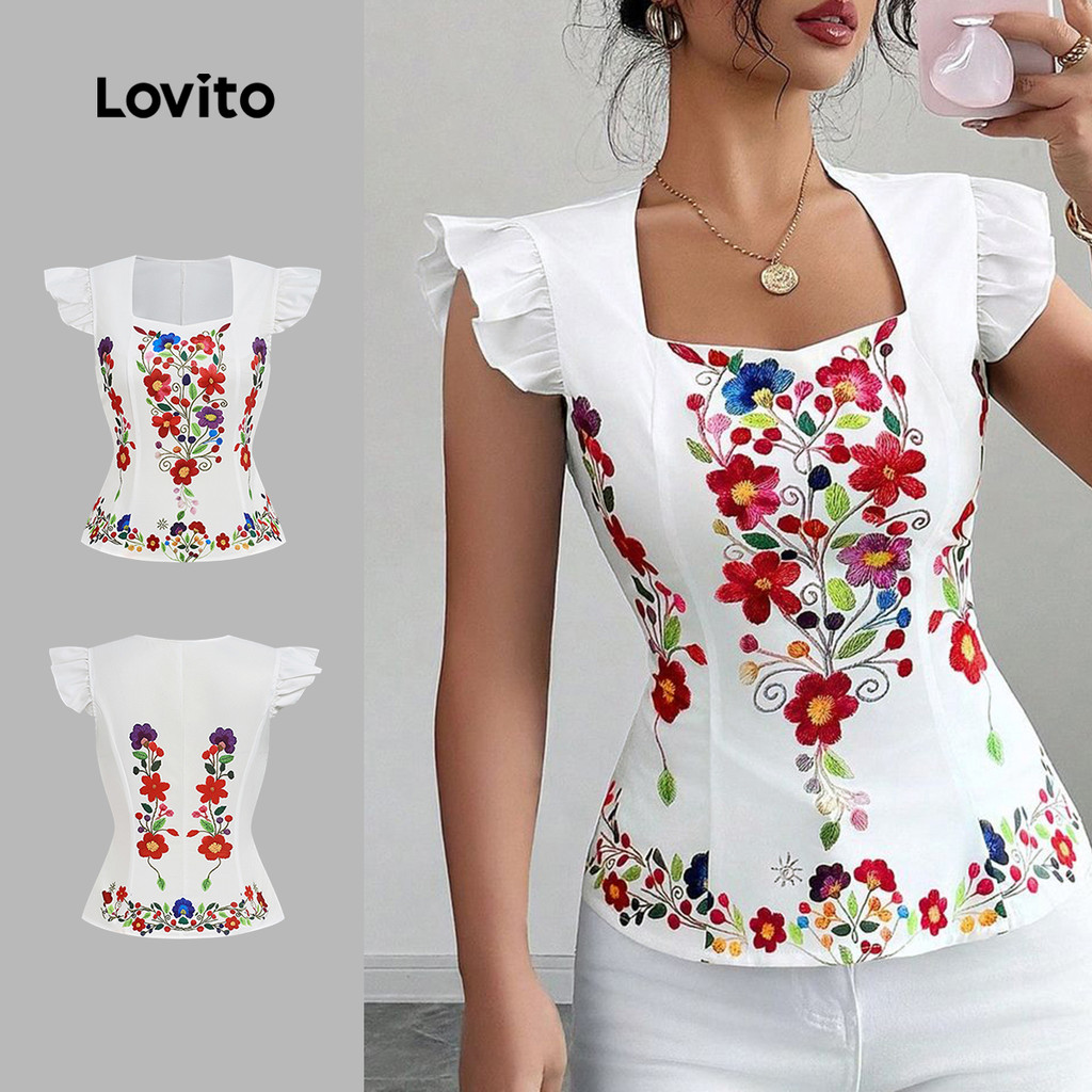 Lovito Blusa Elegante com Babados Primavera/verão para Mulheres LBL30144 em Oferta na Shopee