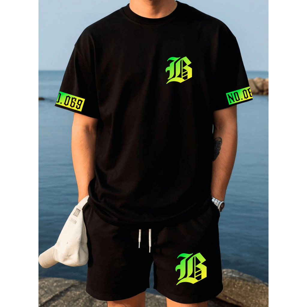 Conjunto Streetwear Degrade Verde/Amarelo B N0.096 Camiseta 100% Algodão + Shorts Tactel