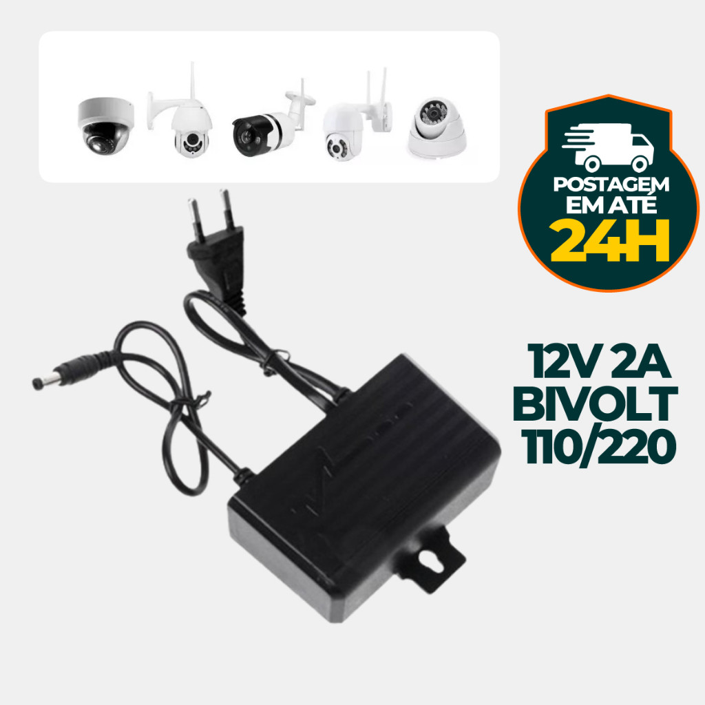 Fonte para Câmera de segurança Wifi Externa Adaptador 12V 2A Bivolt 110/220 a prova de água Fita Led