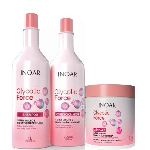 Kit Inoar Glycolic Force Shampoo 1l+Condicionador 800 ml+Máscara 500gr