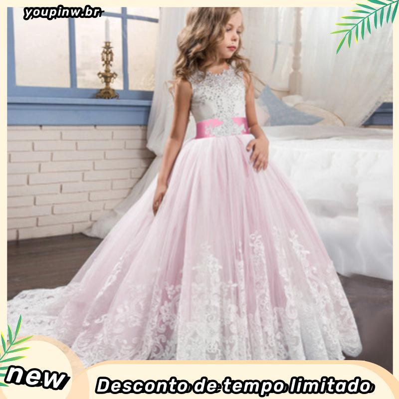 MQATZ Elegante Vestido De Noiva Longo Trailing Para Crianças De Renda Branco Sem Manga Princesa Girls Clothes LP-231