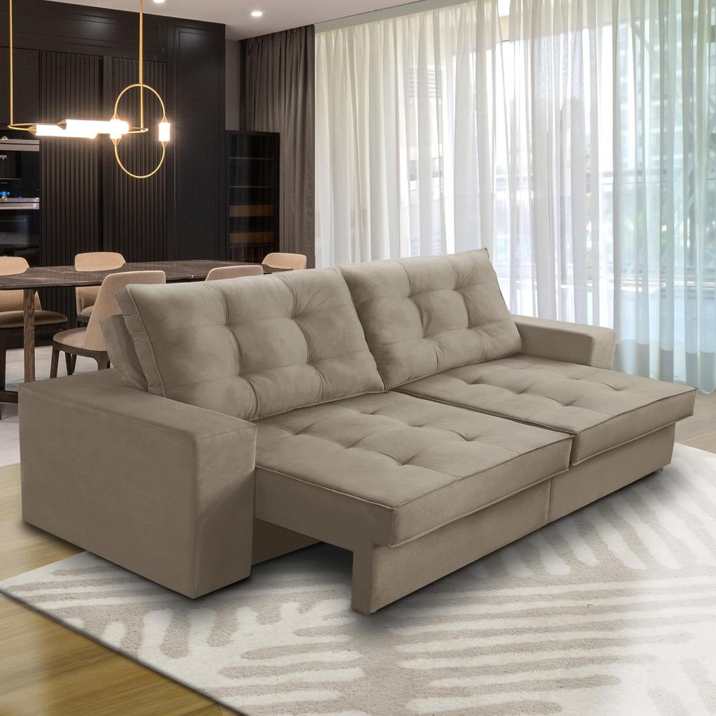 Sofá Retrátil e Reclinável 3 lugares 2,50m com Molas Marcela Suede Cappuccino Adonai Estofados