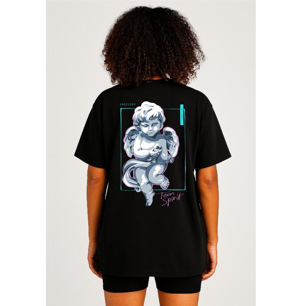 Camiseta Feminina Algodão Premium Adulto Plus Size Infantil Anjo Teen Spirit Sad Streetwear Cartoon Over Moda