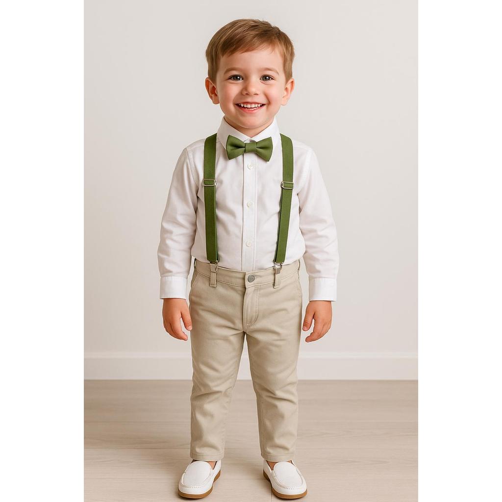 Roupa Social Calça Nude Camisa Branca Gravata Suspensório Verde Oliva Formatura Pajem Casamento