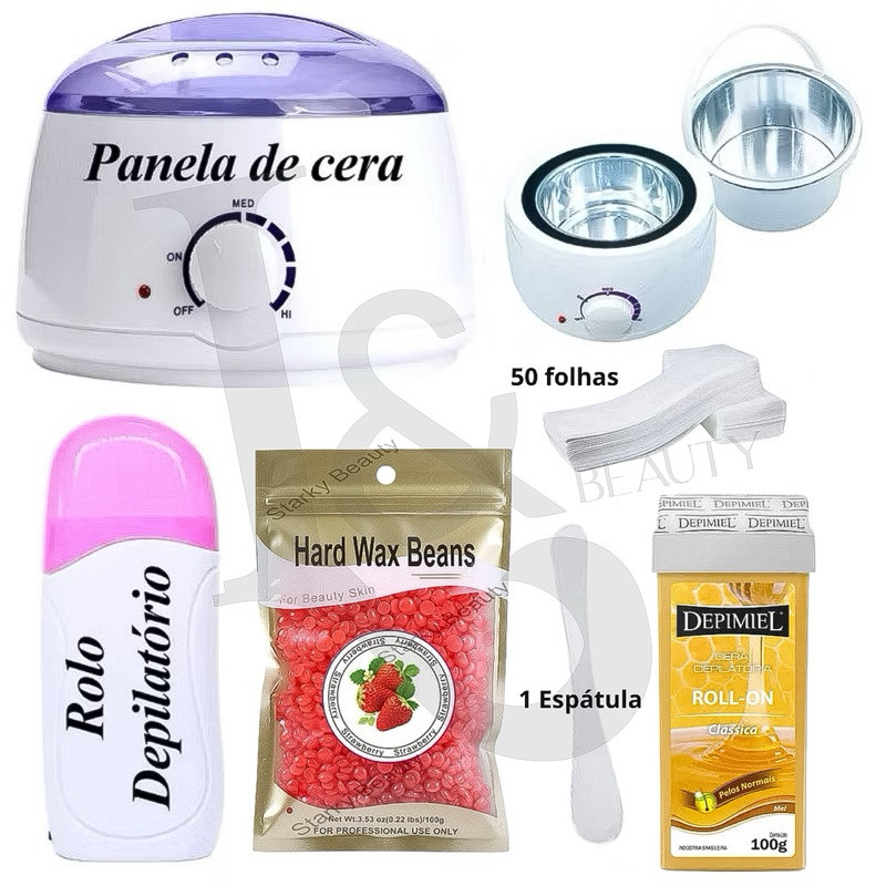 Kit Depilação Cera Hard Wax 100g + Panela + Aquecedor + Cera Refil + Folhas Tnt + Espátula
