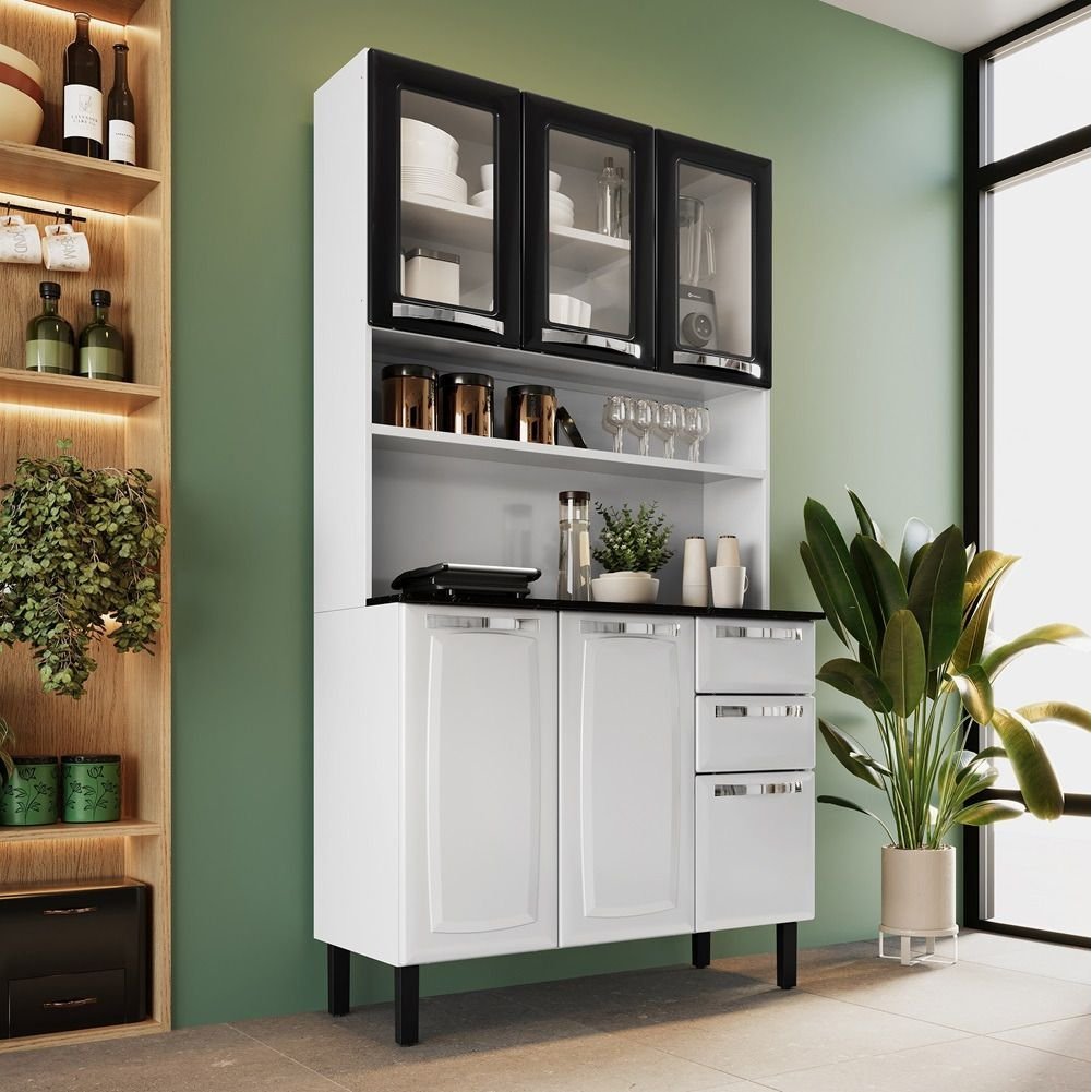 Cozinha Compacta em Aço 6 Portas (sendo 3 de Vidro) 2 Gavetas 105cm Pratika Itatiaia Branco/Preto em Oferta na Shopee