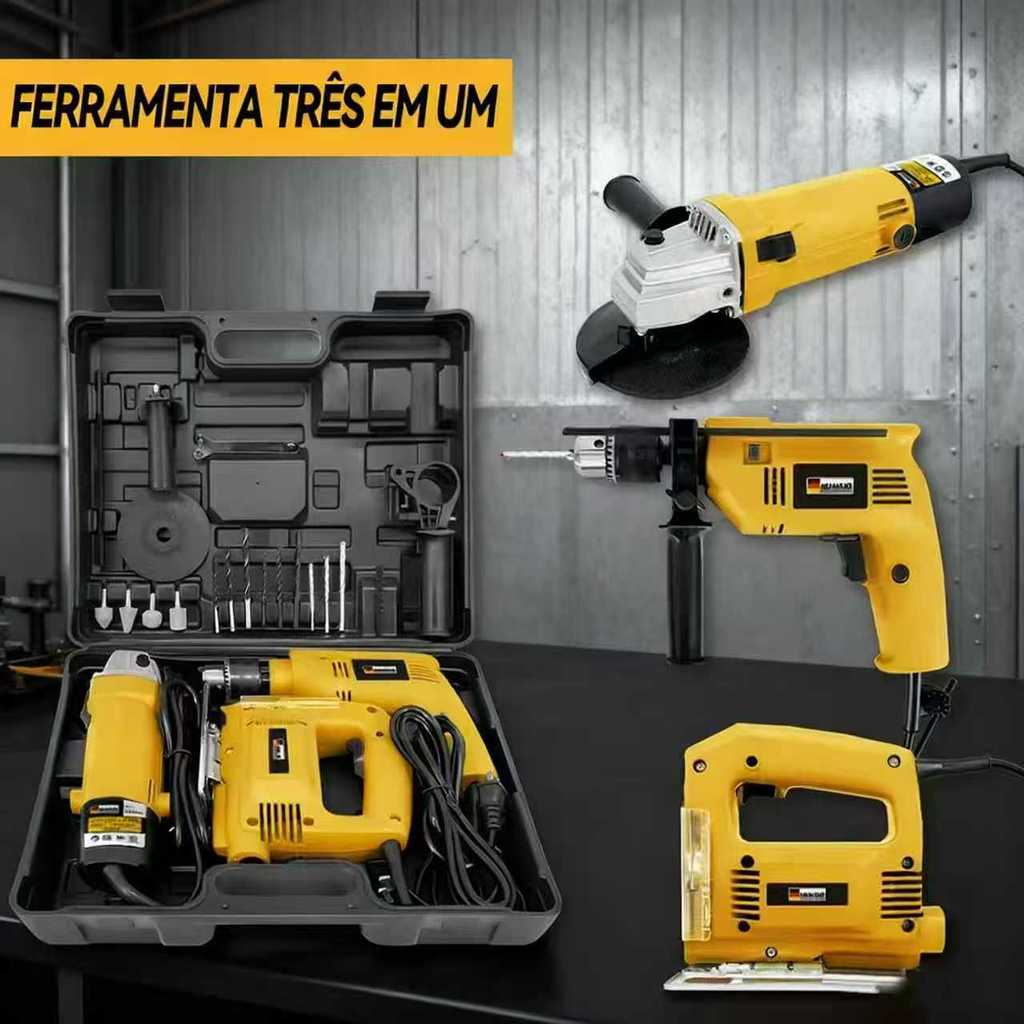 KIT3 Furadeira Parafusadeira e Lixadeira Esmerilhadeira e Serra Tico Tico Com Peças e Maleta 110V/220V O presente perfei