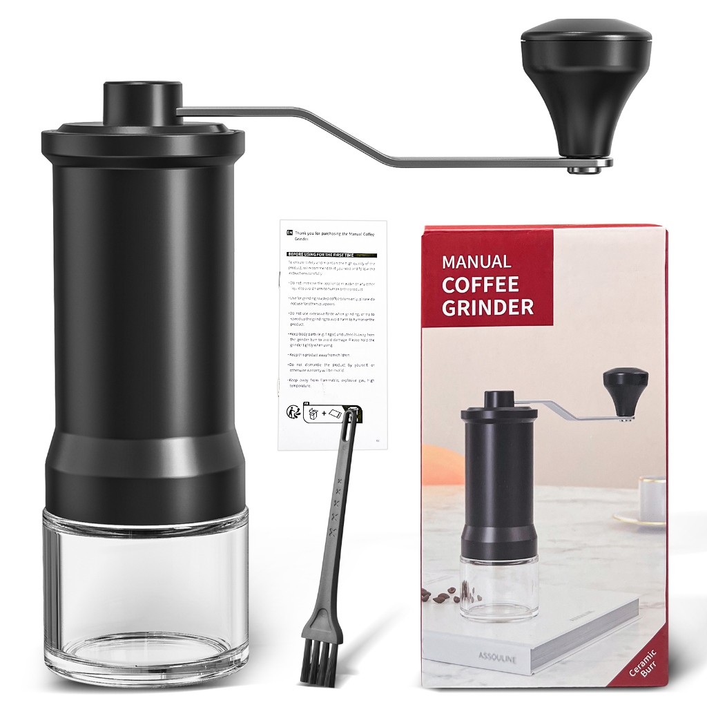 Moedor de Café Manual - Moinho Cerâmica Ajustável, Inox e Vidro, Moagem Uniforme, Fácil de Usar + Acessórios
