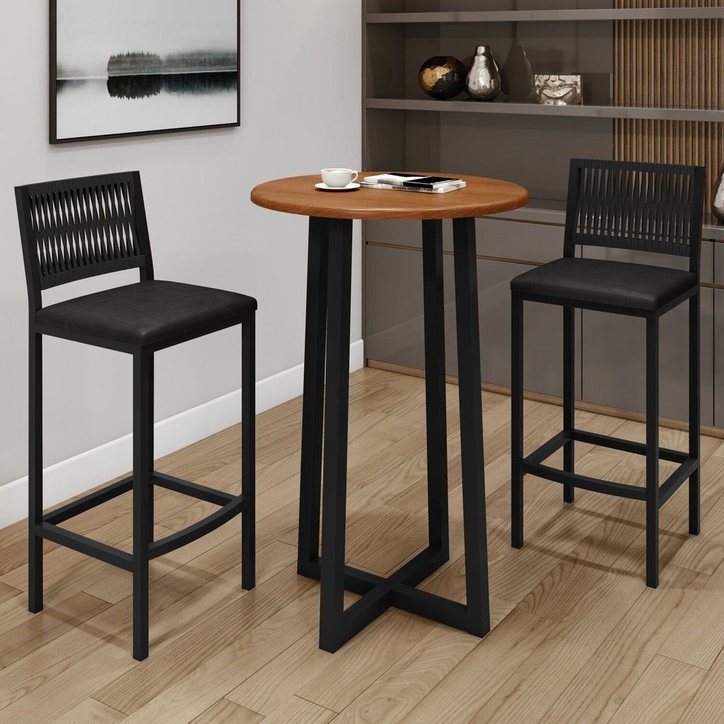 Conjunto Mesa Bistrô Tampo Madeira Maciça Coliseu com 2 Banquetas Barcelona Preto/Cinamomo Preto/Cinamomo