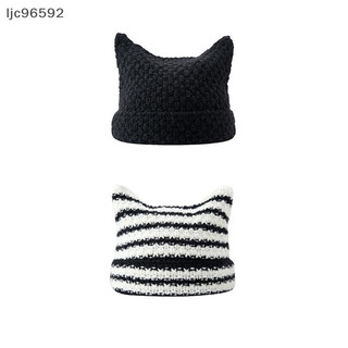 [ljc] Gorro De Orelha De Gato Fofo Chapéus De Crochê Para Mulheres Meninas Tricotados Y2K Listrado Inverno Quente Solto