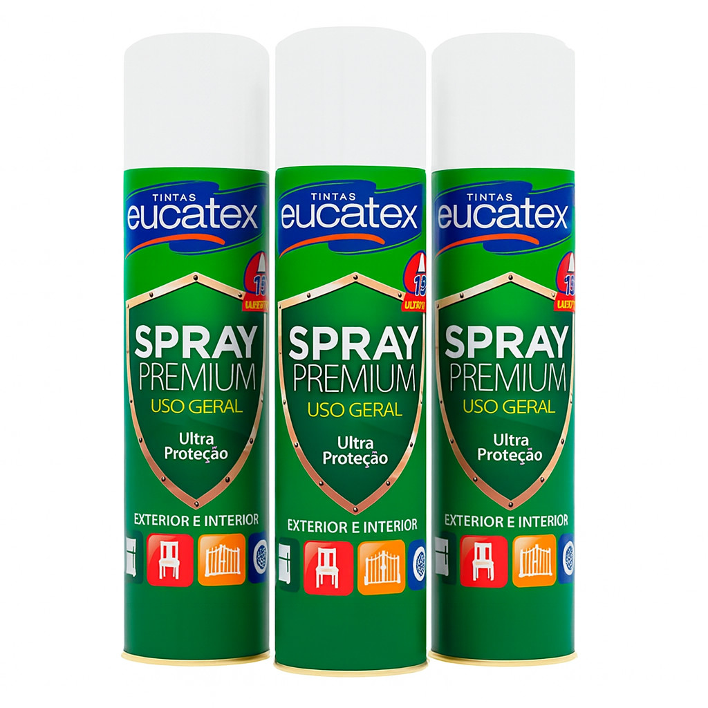 Kit 3 Tintas Spray Multiuso Eucatex Branco Fosco 400ml Premium Uso Geral Exterior Interior