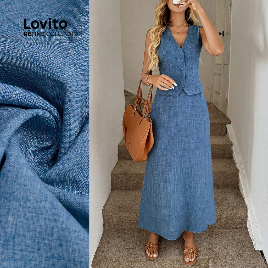 (lovito Refine) Conjunto Elegante Duas Peças Jeans Botões Frontais Calça Azul Primavera/verão Para Mulheres LR23L087 em Oferta na Shopee
