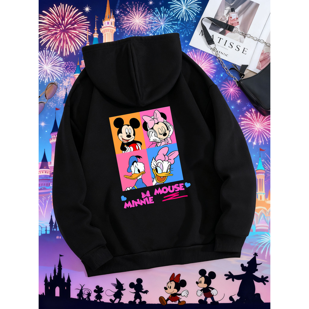 Personagem clássico da Disney <Quebra-cabeça de quatro grades} Top com capuz de inverno, Design de impressão traseira, c