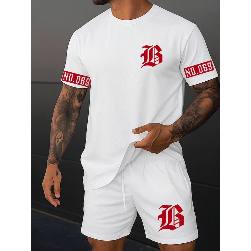 Conjunto Streetwear B N0.096 Vermelho Camiseta Camisa 100% Algodão & Shorts Tactel Branco