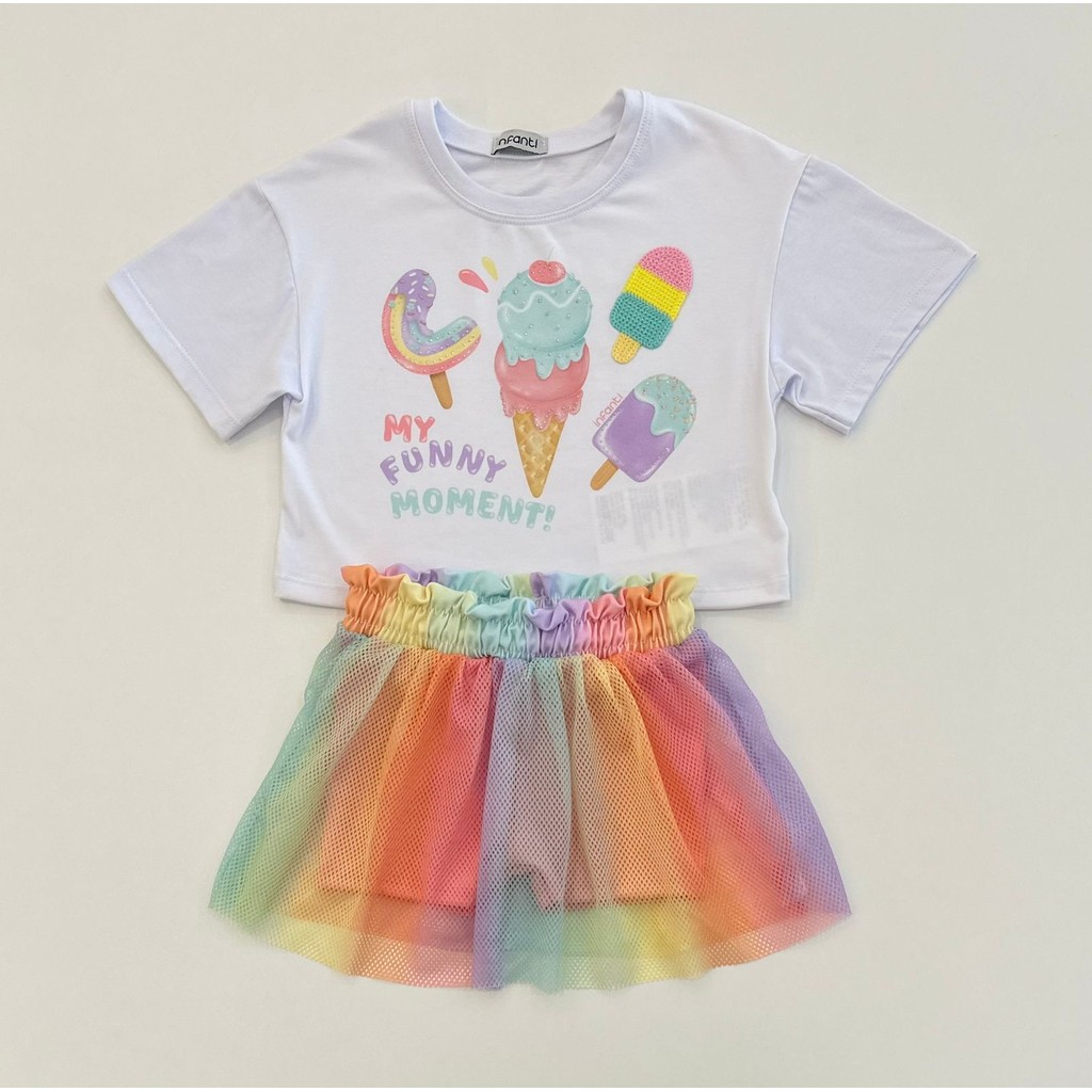 Conjunto Infantil Menina Infanti Blusa Sorvetes Bordado e Saia Tule Arco Iris Verão Moda Kids