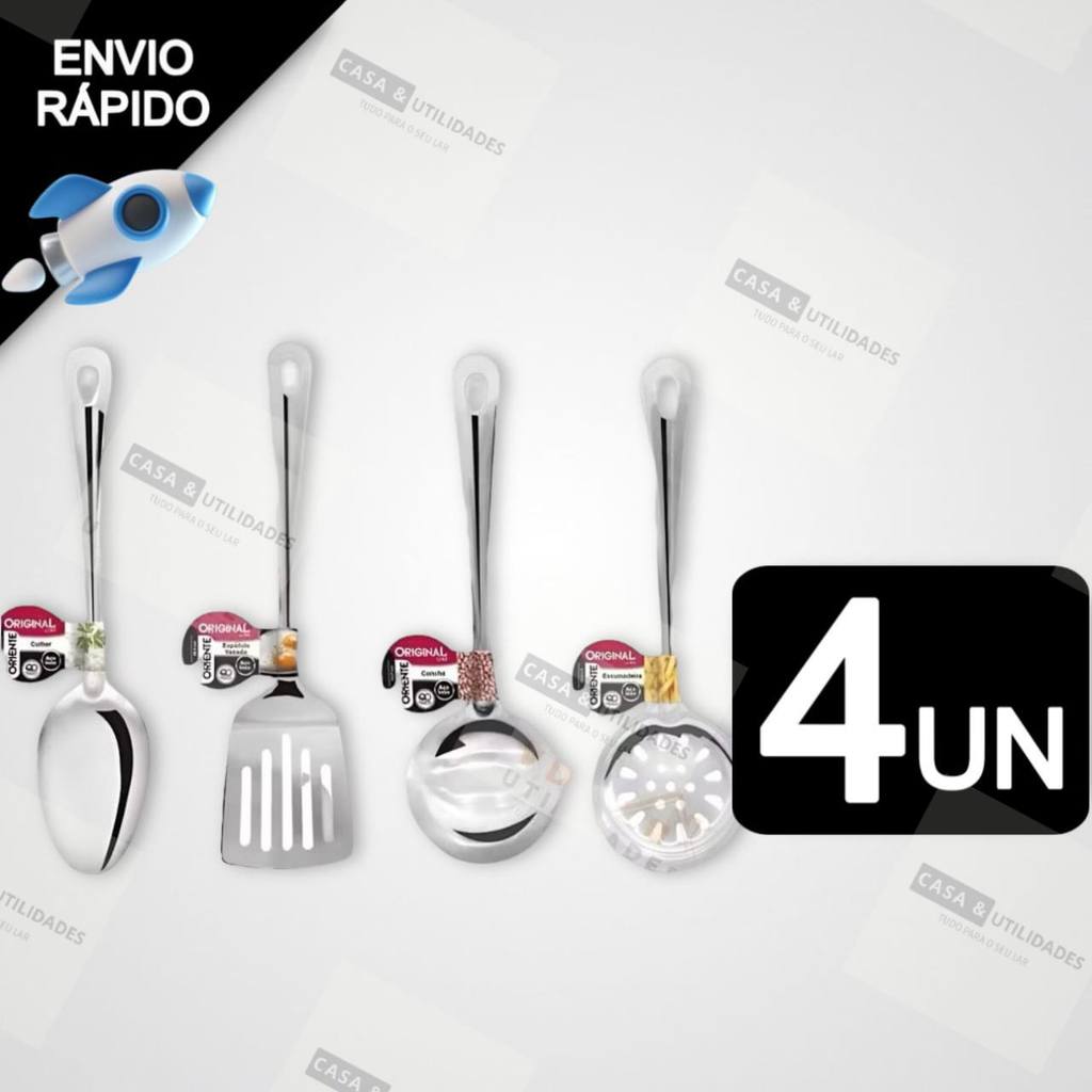 Utensilios para Cozinha INOX 4pçs - Espatula Escumadeira Colher de Arroz Concha Louça Comida Casa