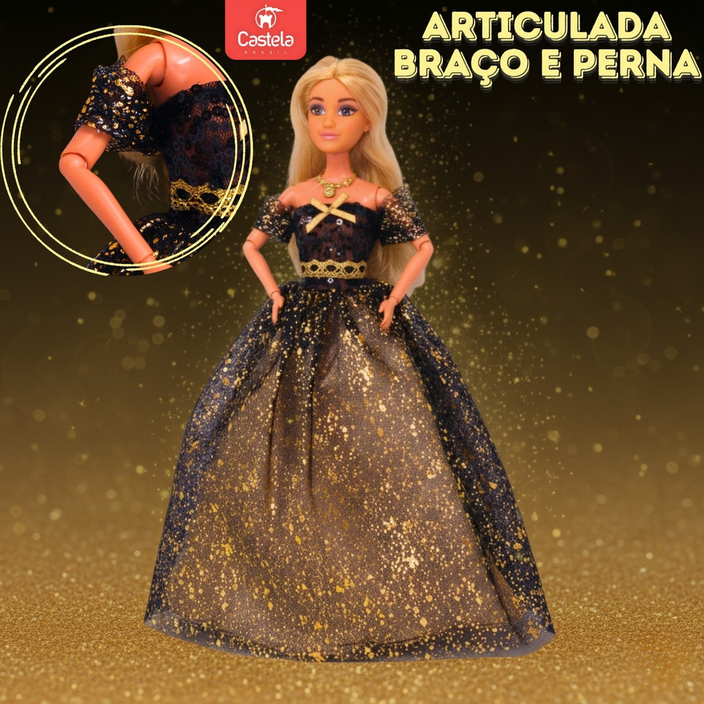 Detalhes do Boneca Princesa Fashion Vestido Preto Dourado Brilhante Style - Castela