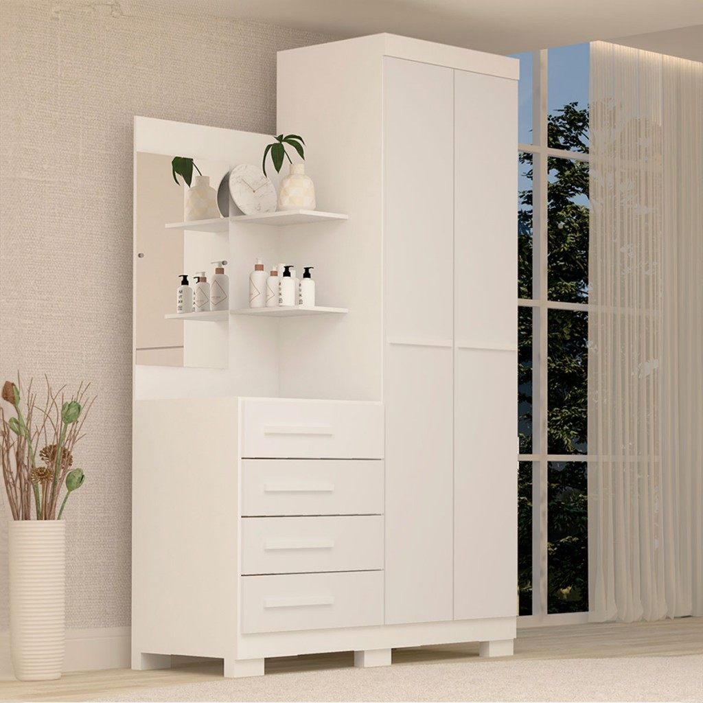 Guarda-Roupa Solteiro Melissa 2 Portas 4 Gavetas com Espelho 100% Mdf