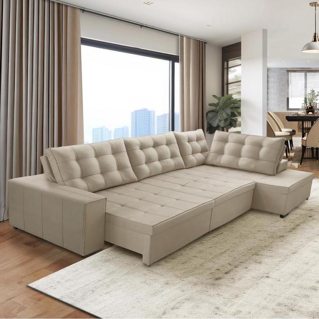 Sofá de Canto Retrátil e Reclinável com Molas 3,00x2,00 Jacke Suede Bege Adonai Estofados