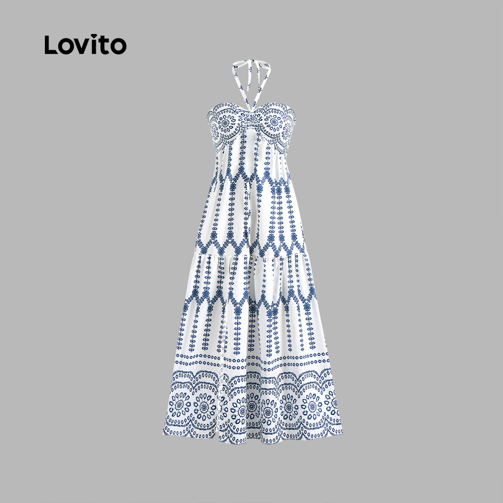 (Lovito x Ana) Vestido Férias Geométrico Solto Plissado Feminino Primavera Verão