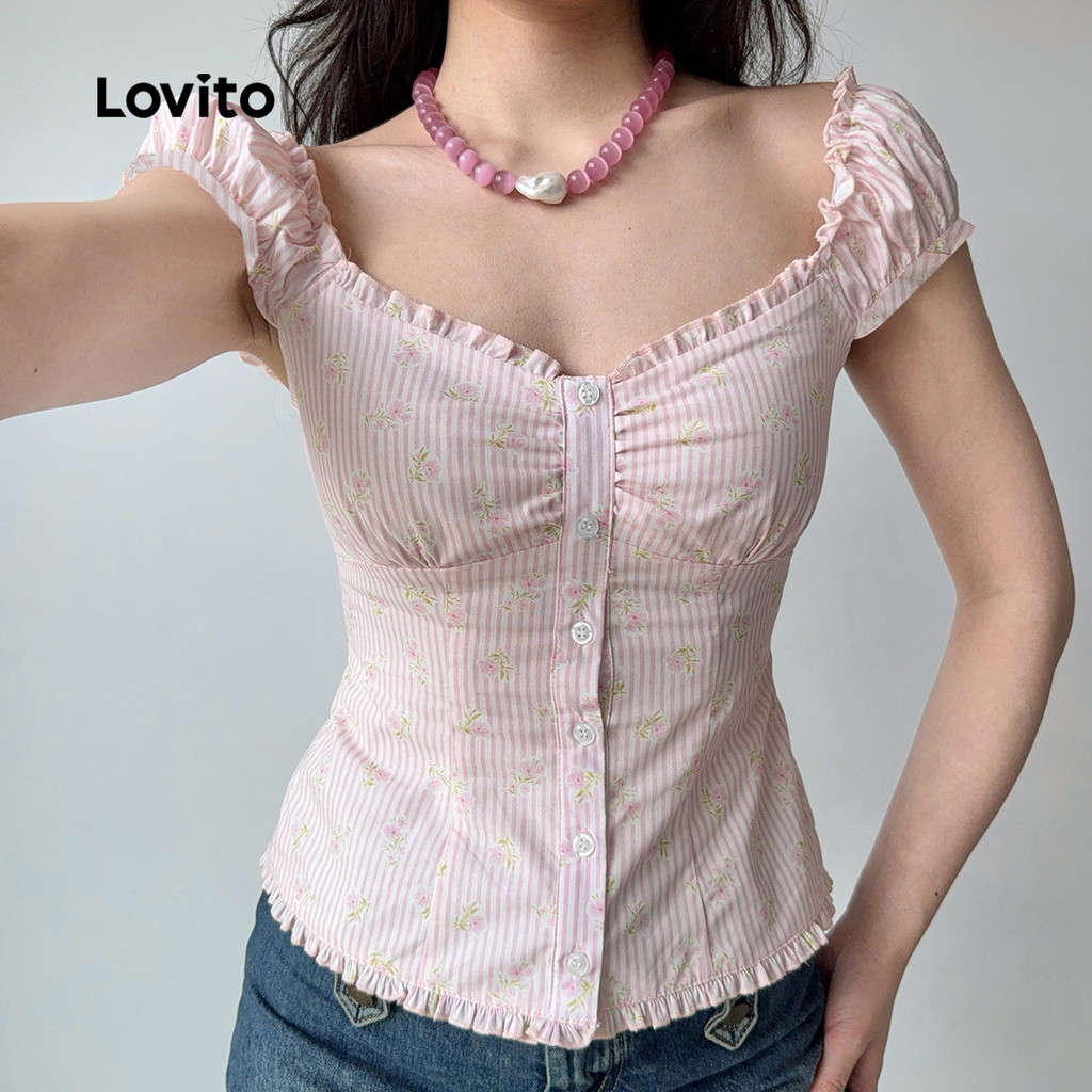 Lovito Blusa Casual de Botão Frente Primavera/verão Blusa Rosa para mulheres L146LD087 em Oferta na Shopee