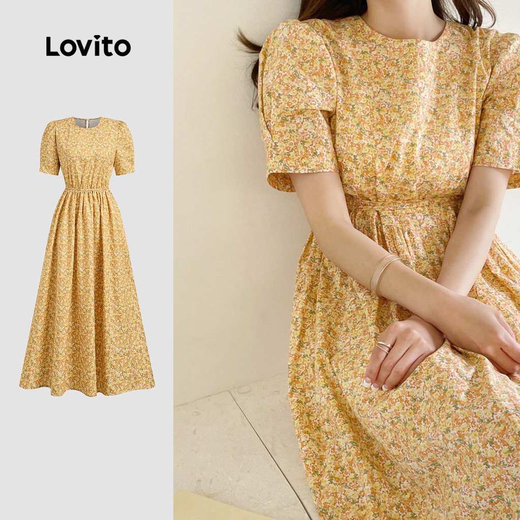 Lovito Vestido Elegante Estilo Francês Preguiçoso Primavera/verão Vestido Amarelo para Mulheres L137LD120