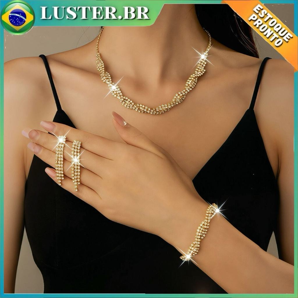 Kit Jóias de Noiva Luxuosas ，Colar, Brincos e Pulseira Perfeitos para Casamento em Oferta na Shopee