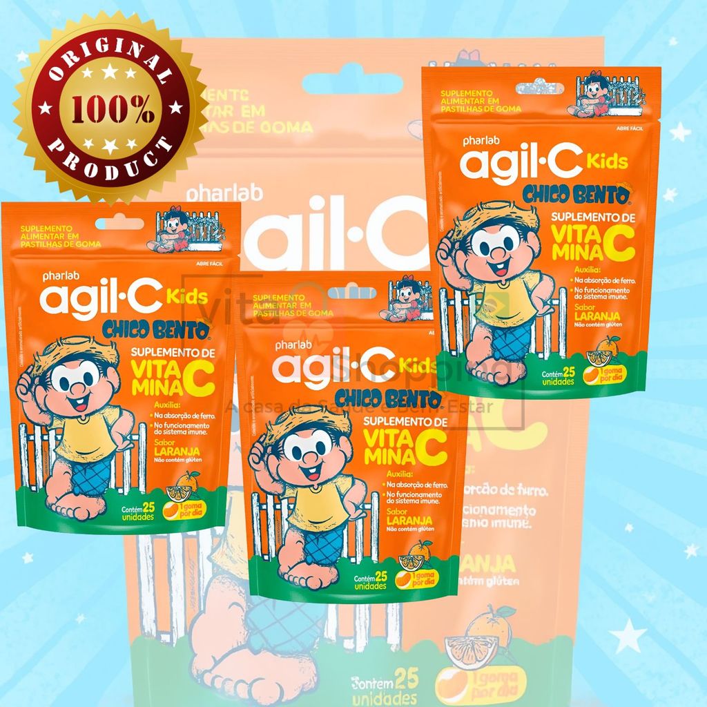 Kit 3 Vitaminas Goma Agil.C Kids Infantil Imunidade Laranja