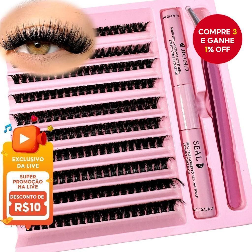 Kit Completo Cílios Postiços 8-16mm com Cola + Pinça e Selante | Extensão Fluffy Volume em Oferta na Shopee