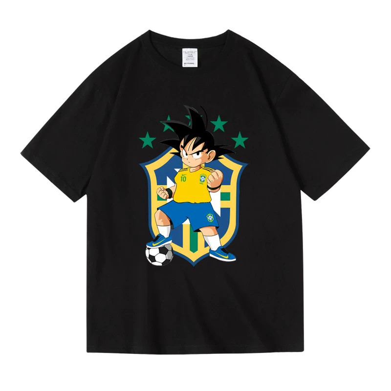 Camiseta Masculina Dragon Ball Copa do Mundo Brasil Argentina Alemanha Futebol Estampada Algodão Esportiva Estilosa