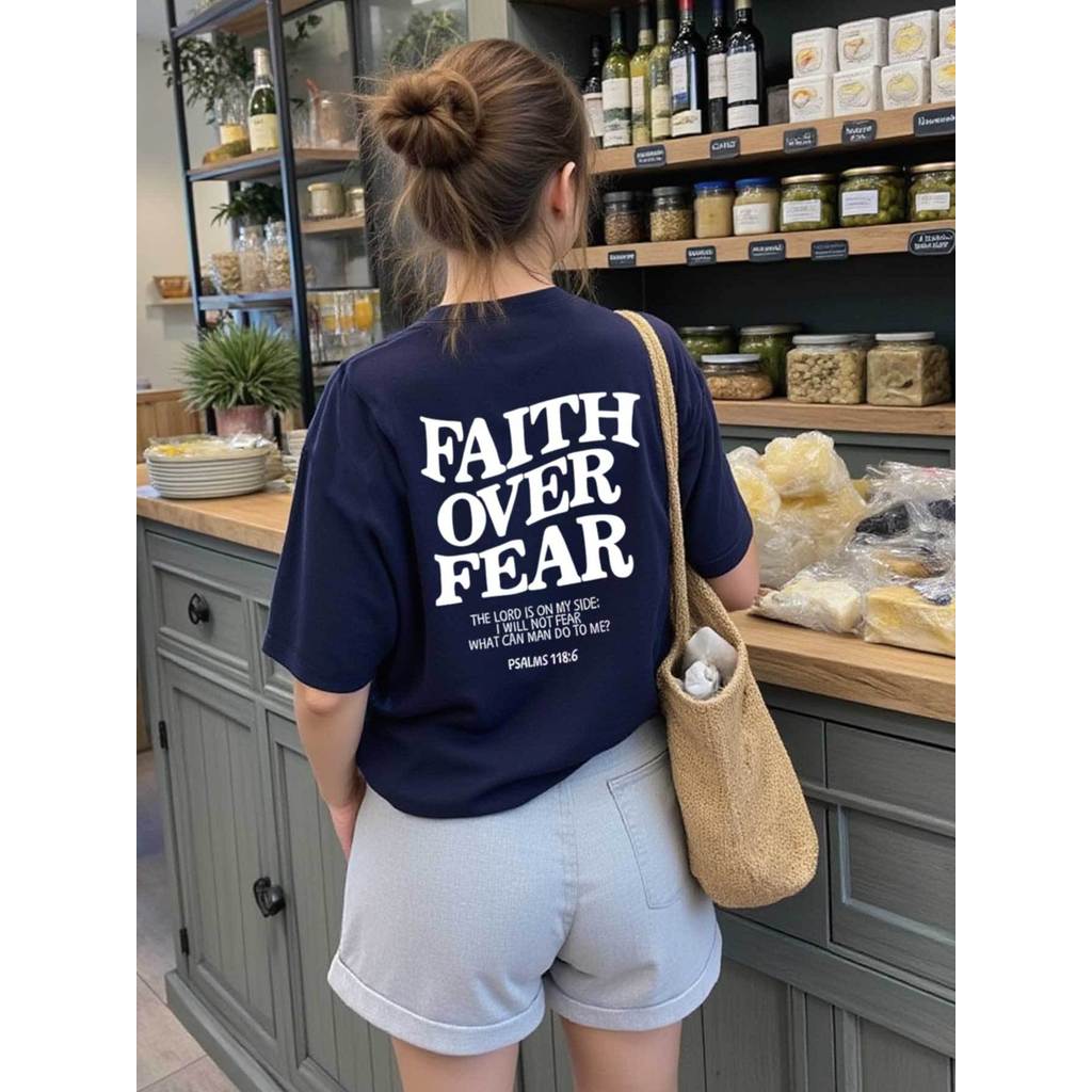 Camiseta Feminina Faith Over Fear T-shirt Azul Marinho Estampa Casual Manga Curta Confortável