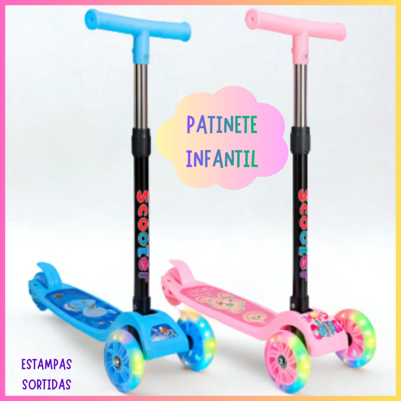 Patinete Scooter Infantil 3 Rodas com Luz Led Guidão Altura Ajustável Brinquedo Dobrável Rosa ou Azul