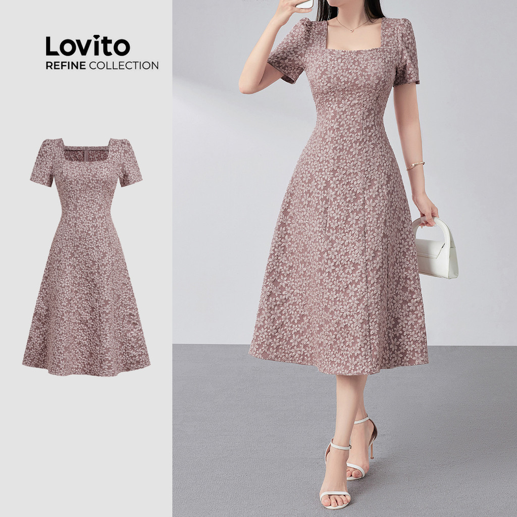 (Lovito Refine) Vestido Elegante de Estrutura Dobrada Linha Primavera/verão Vestido Rosa LR21E052 em Oferta na Shopee