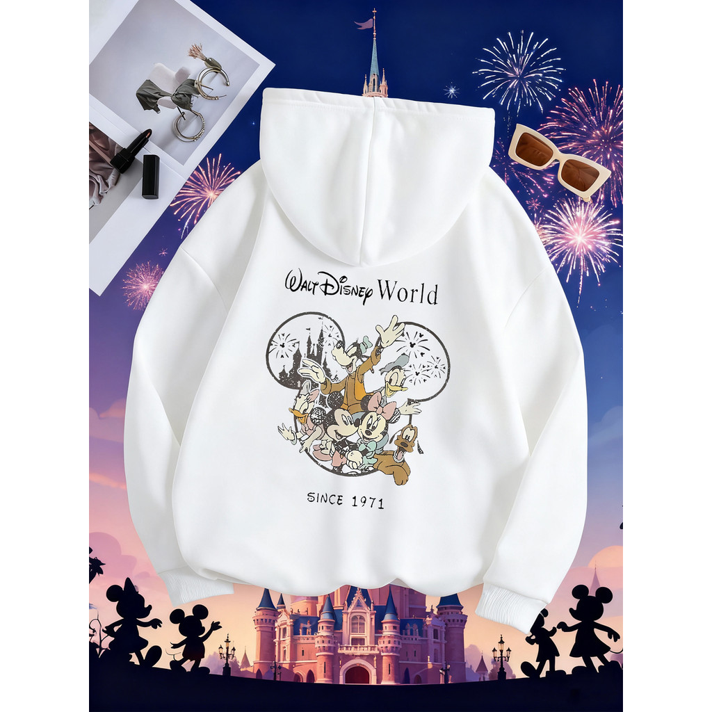 Disney Disney Disney Walt Disney World Retro Day Group Style Moletom com capuz bege, Top feminino com capuz outono inver