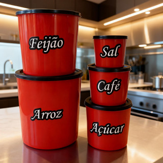 Kit Jogo 5 peças Mantimentos Redondo de plástico Decorado Frases Armazenamento de alimentos Casa em Oferta na Shopee