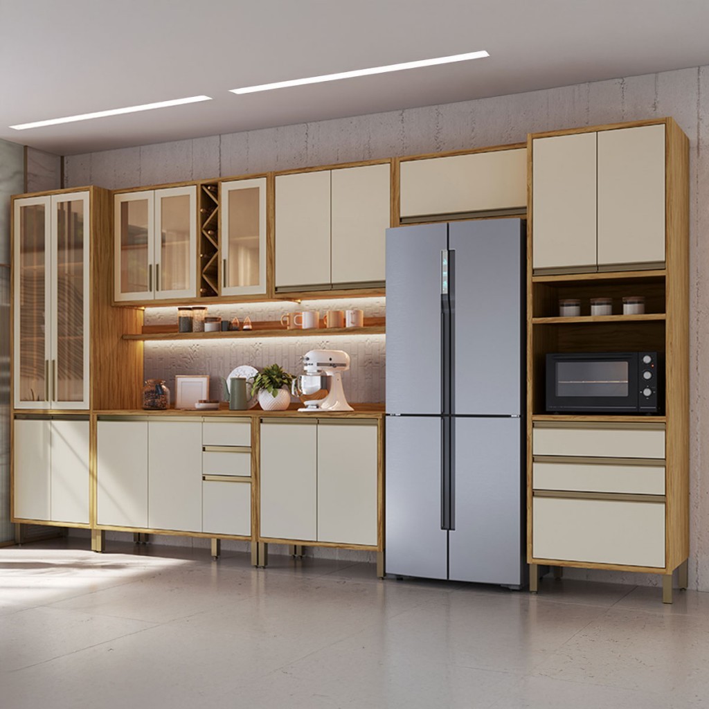 Armário Cozinha Modulada Balcão 17 Portas Pérola 100% Mdf Vidro Reflecta Amêndoa/Off White - Pnr Móveis