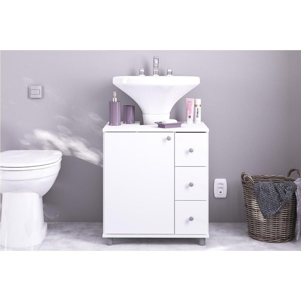 Gabinete de Banheiro c/ Pés 3386 s/ Cuba c/ 1 Porta e 3 Gavetas 60cm Branco - Politorno em Oferta na Shopee