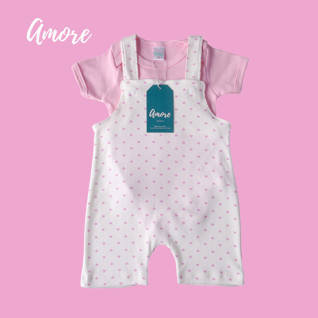 Roupa Conjunto Jardineira Amore Curta Bebê Coração e Body Rosa 100% Algodão