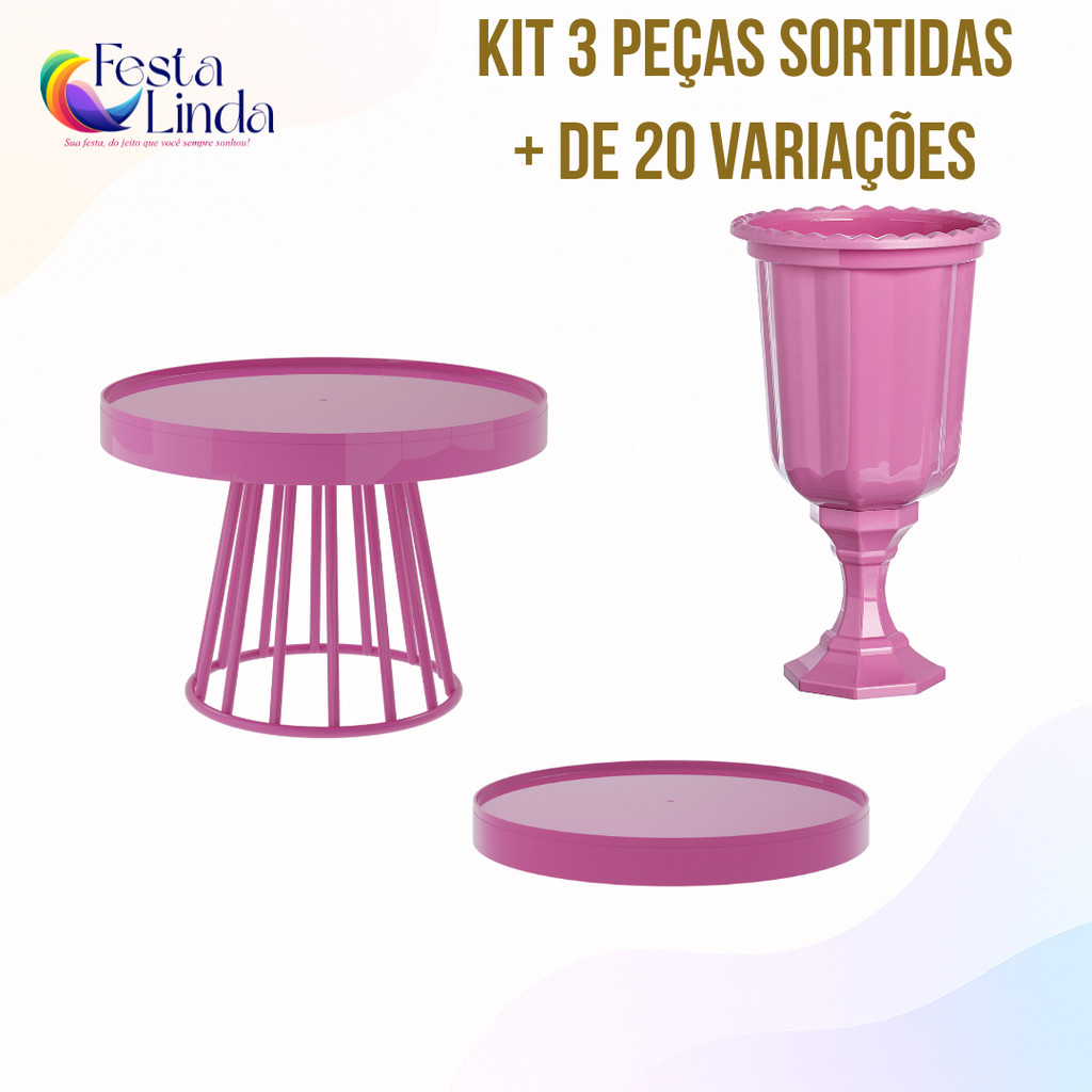 Kit Festa Decoração - 1 Boleira Roma, 1 Vaso Grego 23cm, 1 Bandeja Redonda 23cm